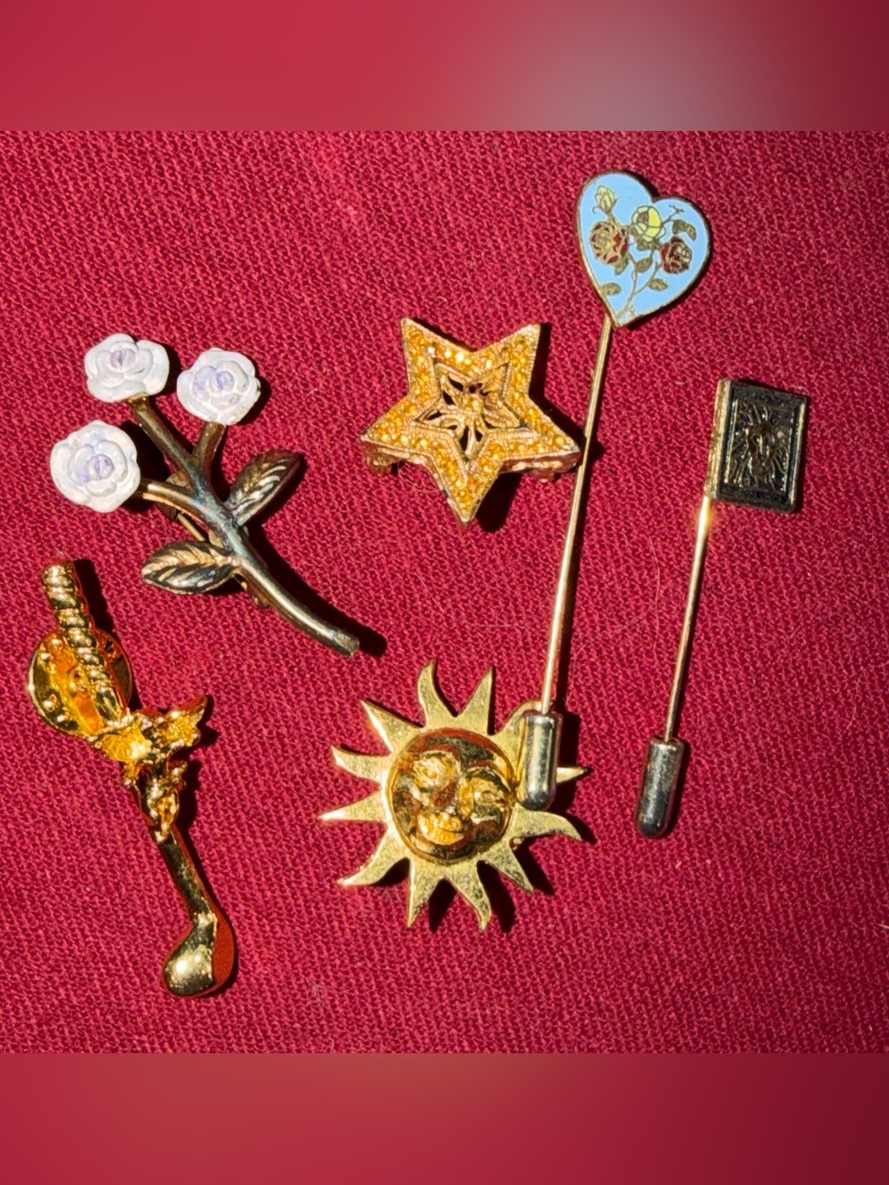 Vintage Estate Costume Jewelry Brooch Pin Mixed LOT heart Star Flowers Sun Golf